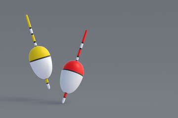 Falling fishing floats. Accessories for hobby and leisure. Copy space. 3d render © OlekStock