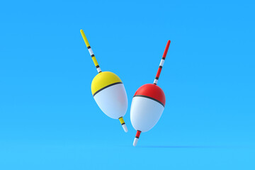 Falling colorful fishing floats. Accessories for hobby and leisure. 3d render © OlekStock