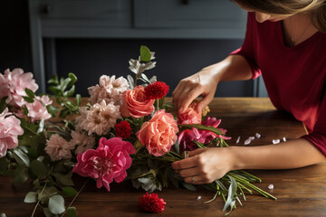Woman rose florist profession valentine work floral bouquet nature fresh hands beautiful wedding