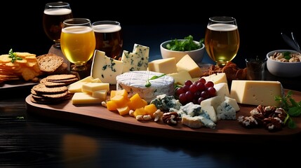 International beer day: Glasses of craft beers in a table top with various types of cheeses and snacks