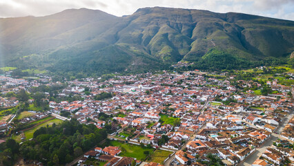 Aerial panoramic of Villa de Leyva Colombia charming village town in Andes mountains travel...