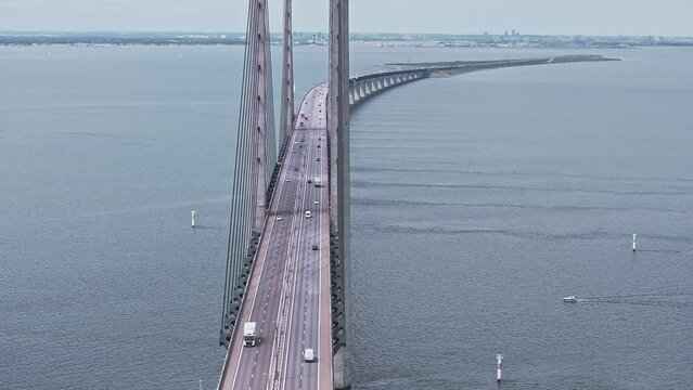 Panoramic aerial close up view of Oresund bridge over the Baltic sea between Malmo city in Sweden and Copenhagen in Denmark.