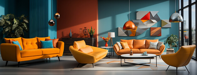 Modern living room. Creative Exploration of Colorful Minimalism in Elegant Interiors. Generative AI,