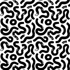 Bold curved lines seamless pattern. Brush drawn wavy bold lines with circles. Abstract maze or puzzle background, stylish structure of natural cells. Vector monochrome texture. Simple squiggle smears.