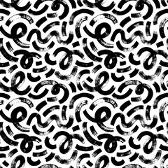 Brush drawn thick curved lines seamless pattern. Brushstrokes, smears, curly lines and squiggle ornament. Abstract monochrome organic background. Vector hand drawn chaotic swirls.