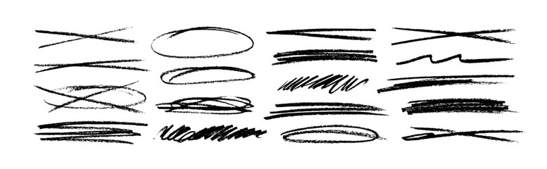Collection charcoal strikethrough lines and thin ovals. Set of different doodle underlines, rough round shapes. Horizontal hand drawn marker stripes, scribble brush strokes. Pencil or pen drawn lines. - obrazy, fototapety, plakaty