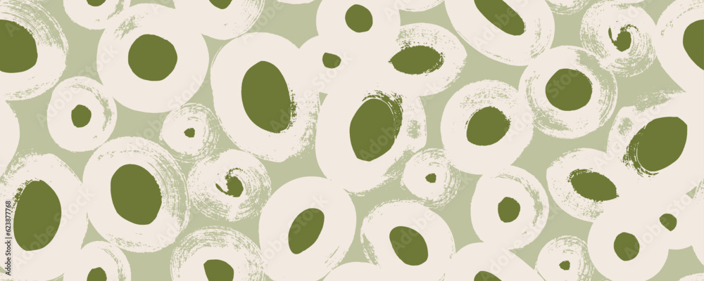 Fototapete neutral green colored bold brush drawn circles seamless pattern. hand drawn round grunge shapes. squ