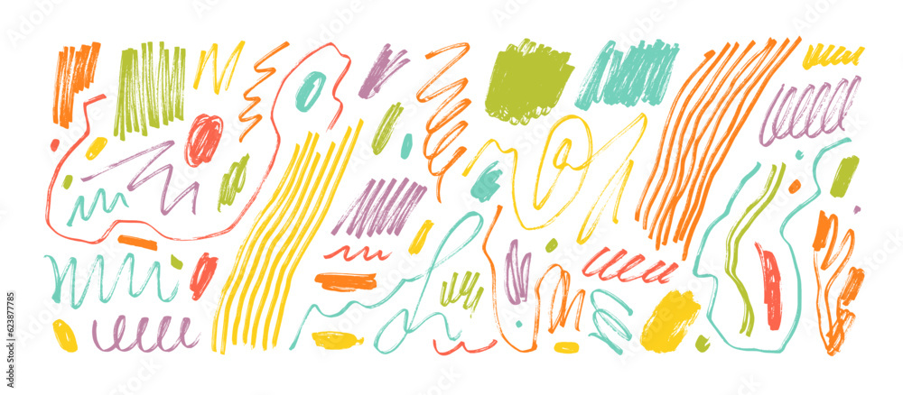 Poster multi colored fun line doodle, squiggles and scribbles set. abstract squiggle style drawings, hand d