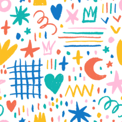 Foto op Canvas Fun colorful doodle shapes seamless pattern. Childish style charcoal drawing. Hand drawn abstract squiggles, crowns, grid, stars and dots. Multi colored doodle background for kids. © Анастасия Гевко