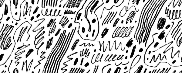 Fototapeta na wymiar Seamless pattern with childish pen scribbles, charcoal squiggles. Creative abstract squiggle style drawing background. Childish rough crayon strokes. Hand drawn marker scribbles seamless pattern.