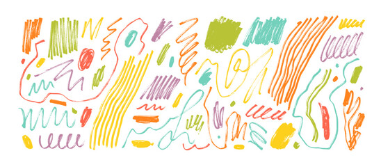 Multi colored fun line doodle, squiggles and scribbles set. Abstract squiggle style drawings, hand drawn marker scribbles. Vector colorful pencil sketches, charcoal lines. Childish rough crayon stroke