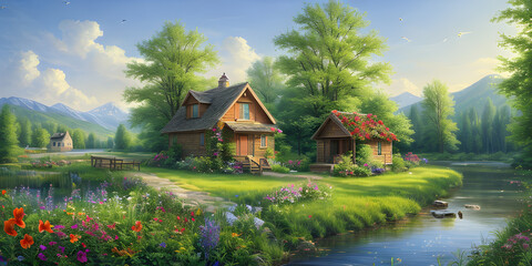 Fototapeta premium Panorama summer village assortment blooming flowers with green foliage of trees. Wonderful place environment. Fantasy Realistic Environment