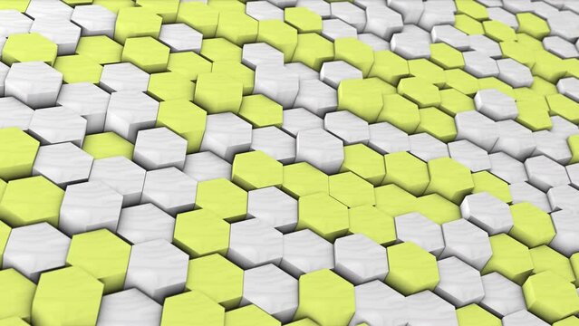 Abstract Hexagon Geometric Surface Loop Grey and Yellow. Chaotic vibrations of geometric shapes. 4K footage motion graphic design video illustration rendering. Seamless looping.