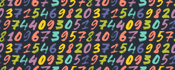 Multi colored brush drawn bold numbers seamless pattern. Hand drawn graffiti style modern vector elements. Ornament with numbers from 0 to 9. Dirty textured vector font seamless banner background.