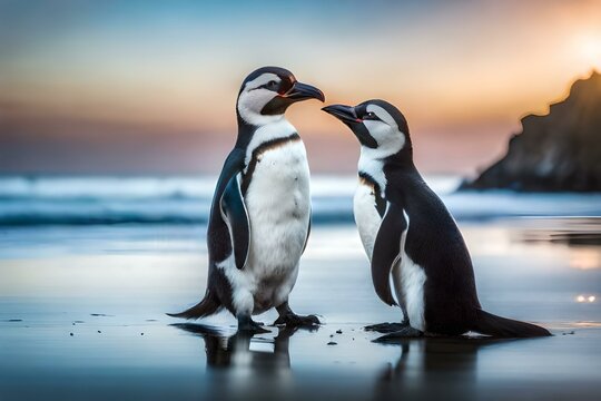 two penguins on the beach  generated Ai technology