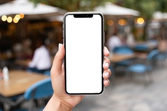 A close up of a hand holding a modern smart phone , smart phone screen is blank  Advertising  mobile applications , Mockup blank template illustration, Isolated PNG.