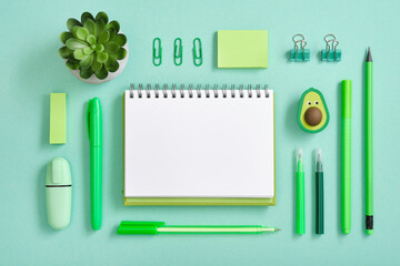 Empty page with green pen, pencil and marker on pastel green background. Eraser in the form of...