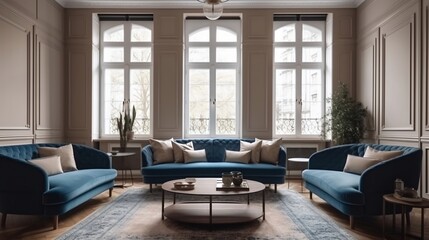 Fototapeta na wymiar The interior design of the modern living room with beige and blue sofas generative ai
