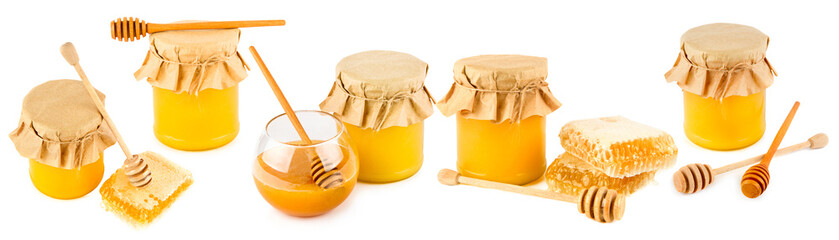 Bee honey in combs and in a jars isolated on white . Wide photo. Сollage.