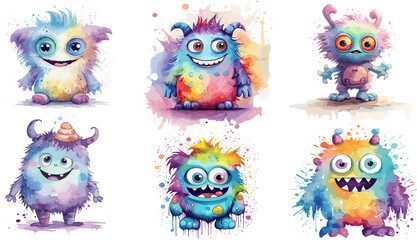 Title: Cute Funny Monster Watercolor Illustration. Baby monster clipart - obrazy, fototapety, plakaty
