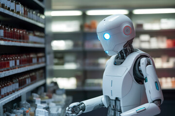 A humanoid robot is working in a pharmacy with medicine, concept of artificial intelligence in the workplace, future of technology and innovation.