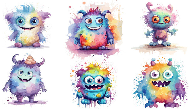Title: Cute Funny Monster Watercolor Illustration. Baby monster clipart