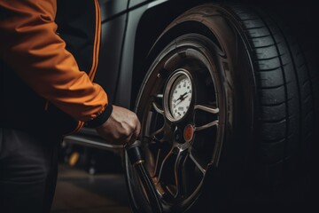 Naklejka na ściany i meble A mechanic stands next to a raised car and checks the tire pressure using a pressure gauge. AI generated