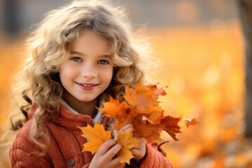 Naklejka na ściany i meble Adorable happy little girl holding maple leaves in autumn park