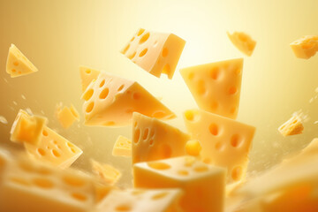 Some triangular cheese floating in the air, with a yellow background. AI generated