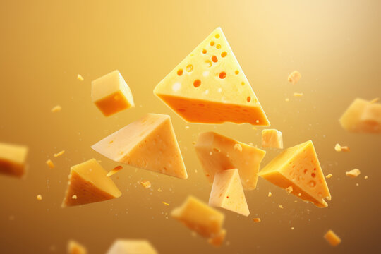Some triangular cheese floating in the air, with a yellow background. AI generated