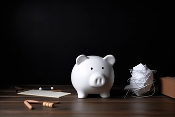 Piggy bank on a table Financial problem, Bankrupt or fail in business concept. White piggy bank with plastic adhesive bandages on wooden desk with dark copy space wall background. Fail, Bankrupt or un