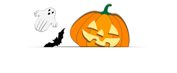 Pumpkin jack o lantern peeking out of envelope with shadow, halloween party invitation template, flyer, leaflet, congratulation