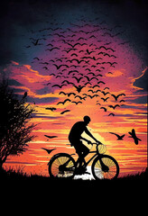 Man rides a bicycle against the backdrop of a beautiful sunset. AI Generated