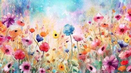Watercolor painting of colorful spring flowers on blue sky background
