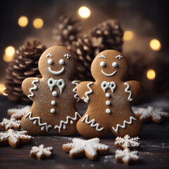 Two delicious gingerbread cookies are placed on a dining table.
