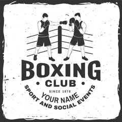 Boxing club badge, logo design. Vector illustration. For Boxing sport club emblem, sign, patch, shirt, template. Vintage monochrome label, sticker with Boxer Silhouette.