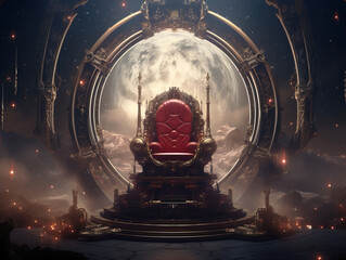 Decorated empty throne hall. Throne in space.