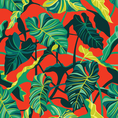 Hand drawn seamless pattern with tropical leaves on red background. Vector illustration.