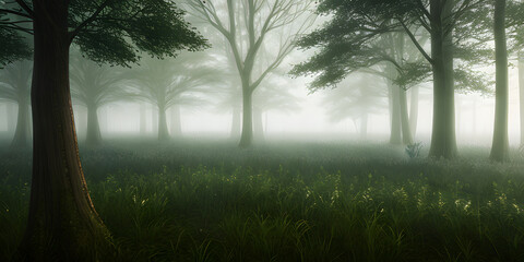 Trees landscape background with view foggy misty in the forest