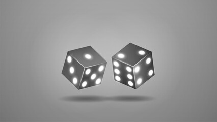 Black and white neon bright dice for poker and casino games on a light background.
