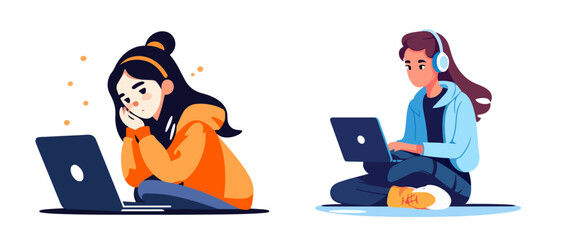 student girl working on laptop