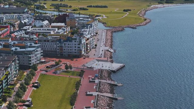 Beautiful aerial view of the Vastra Hamnen- The Western Harbour -district in Malmo, Sweden. Panoramic aerialview.