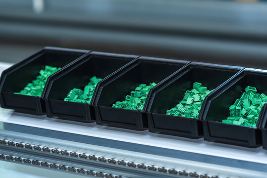 trays with electronic components in the equipment assembly shop