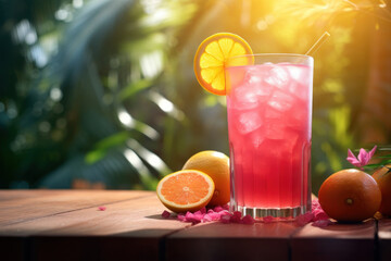 A tropical drink with fruit on the table. AI generated