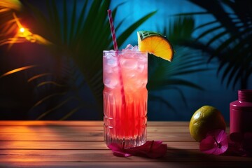 A tropical drink with fruit on the table. AI generated