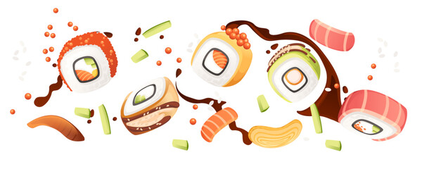 Sushi roll japan street fast food with seafood and rice salmon and cheese vector illustration on white background