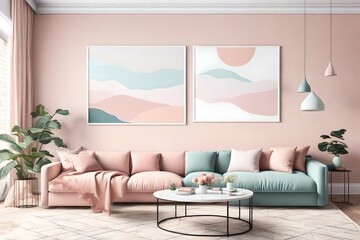 Step into a living room interior that exudes elegance and creativity, featuring an empty wall with a horizontal poster mockup. Ai generated