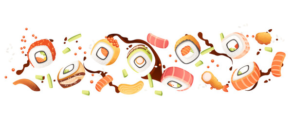 Sushi roll japan street fast food with seafood and rice salmon and cheese vector illustration on white background © Alfmaler