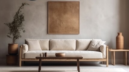 The rustic interior design of the modern living room with beige fabric sofa and cushions generative ai