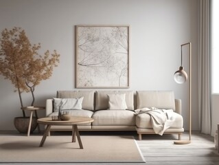 The rustic interior design of the modern living room with beige fabric sofa and cushions generative ai
